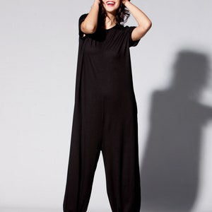 Women Jumpsuit with Pockets, Plus Size Harem Jumpsuit, Minimalist Overall, Black Jumpsuit with Loose Fit, Short Sleeve Jumpsuit image 6