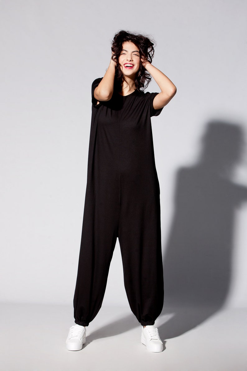 Women Jumpsuit with Pockets, Plus Size Harem Jumpsuit, Minimalist Overall, Black Jumpsuit with Loose Fit, Short Sleeve Jumpsuit image 6