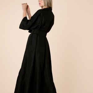 Black Linen Dress, Linen Maxi Dress, Linen Kimono Dress, Linen Clothing, Long Sleeve Dress, Linen Belt Dress, Linen A Line Dress, Bohemian image 7