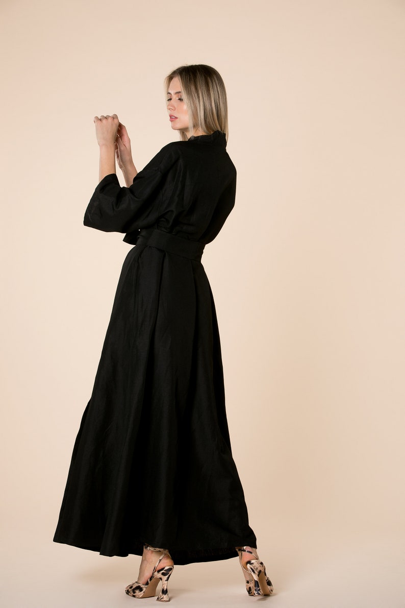 Black Linen Dress, Linen Maxi Dress, Linen Kimono Dress, Linen Clothing, Long Sleeve Dress, Linen Belt Dress, Linen A Line Dress, Bohemian image 7