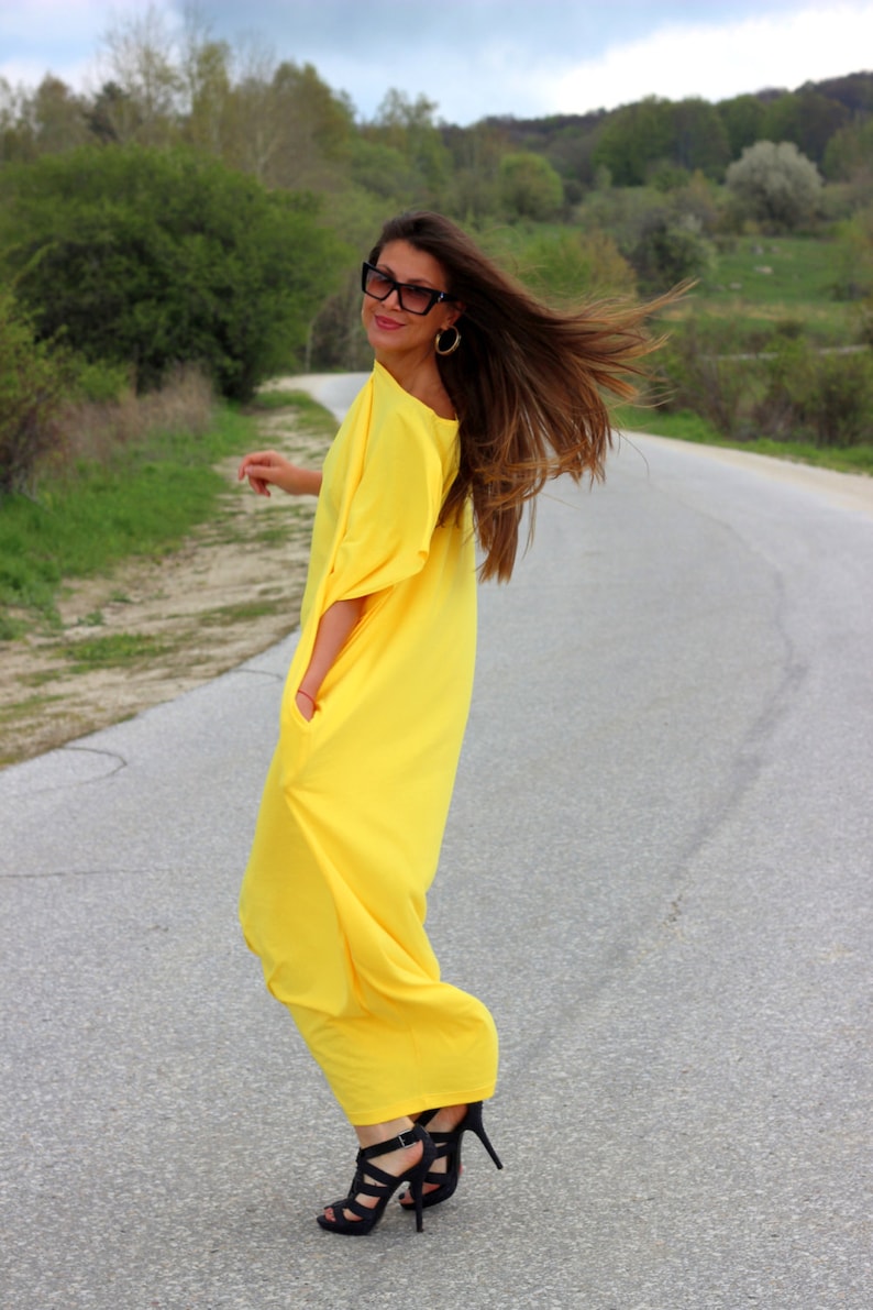 Yellow Boho Caftan Women’s Shift Dress with Pockets