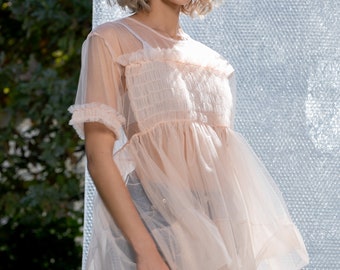Pink Tulle Ruffle Top, Mesh Top, Boho Blouse, Tulle Sleeves