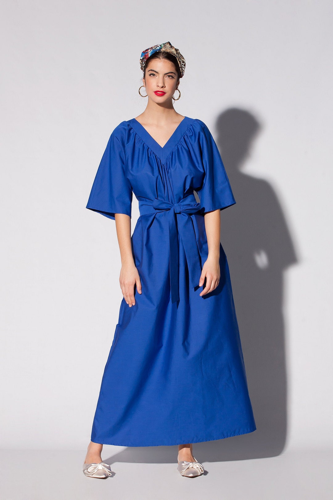 Royal Blue Cotton Maxi Dress, Summer Dress With Sleeves and Pockets - Etsy