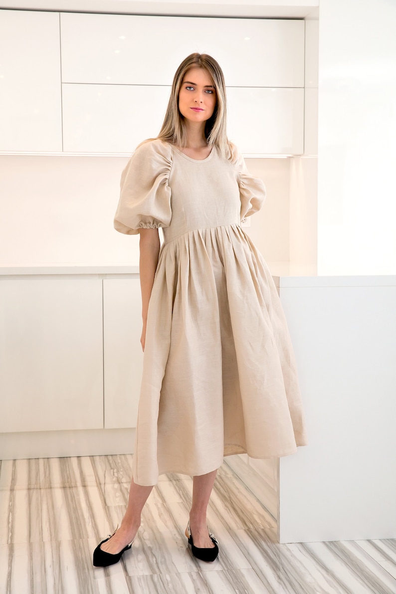 Beige Linen Dress With Oversized Puff Sleeves, Linen Boho Clothing, Linen Midi Dress, Vintage Style Summer Dress image 7