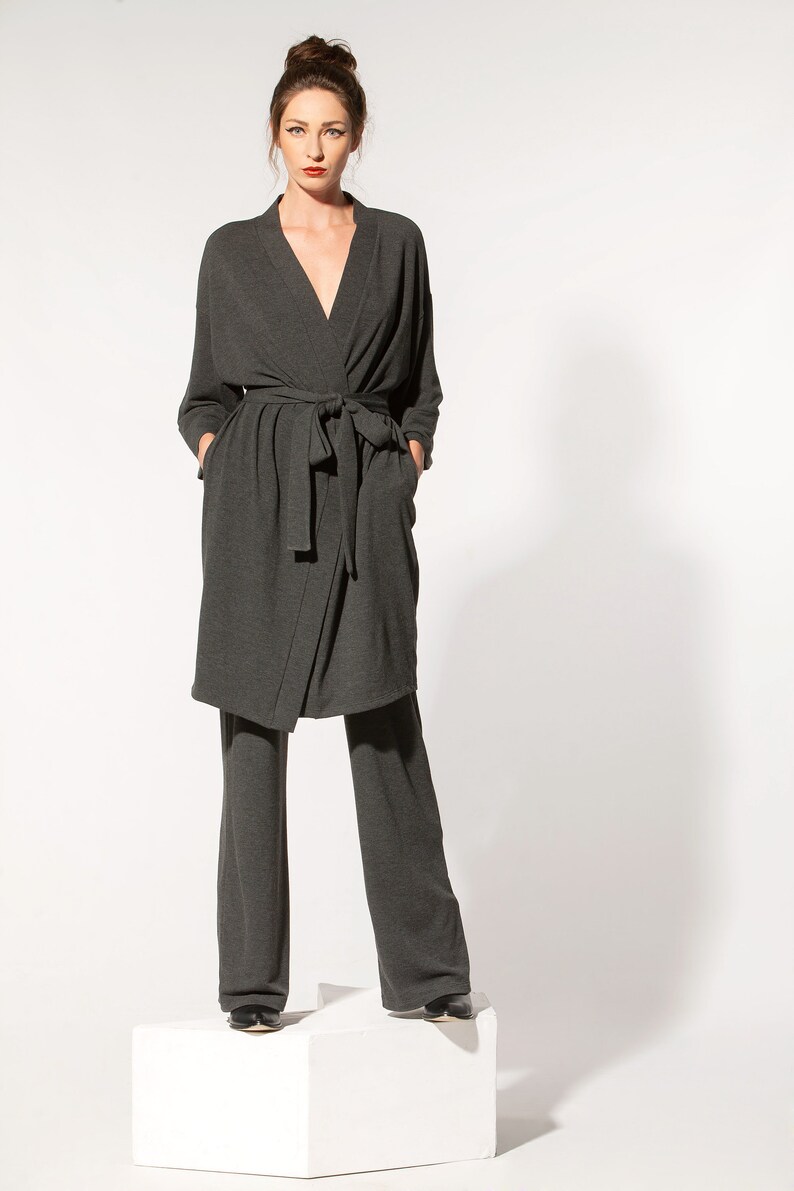Handmade Viscose Knit Set of Wide Leg Pants and Kimono Robe, Loungewear Two Piece Set, Unisex Clothing image 5