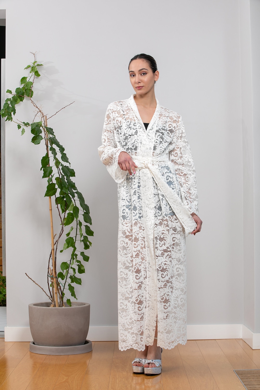 White Kimono Robe, White Lace Robe, Lace Abaya, Floor Length Robe