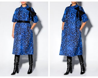 Blue Midi Dress with Animal Print, Women Dress, Loose Fit Dress with Belt, Extravagant Dress, Plus Size Dress, Cocktail Dress, Evening Dress