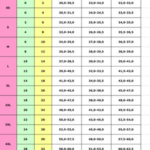 May include: Size chart for a dress with measurements in inches for bust, waist, and hips. The chart includes sizes XS to 5XL, with corresponding US and UK sizes.