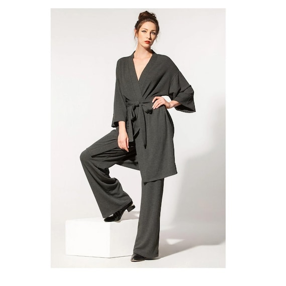 Handmade Viscose Knit Set of Wide Leg Pants and Kimono Robe, Loungewear Two Piece Set, Unisex Clothing