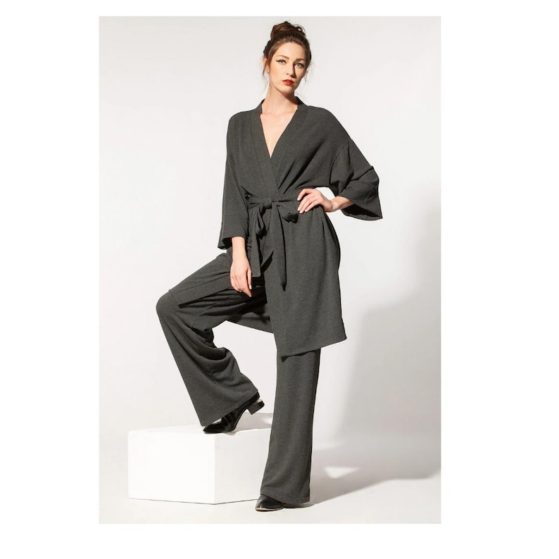Handmade Viscose Knit Set of Wide Leg Pants and Kimono Robe, Loungewear Two Piece Set, Unisex Clothing image 1