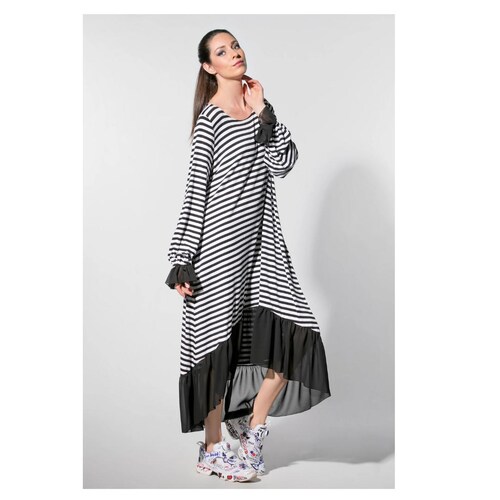 long sleeve black and white striped maxi dress Black & White Striped Maxi Shirt Dress - All Dresses