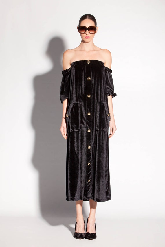 Sale Dress, Black Velvet Dress, off Shoulder Dress, Holiday Dress, Evening  Gown, Party Dress, Pocket Dress, Loose Dress, Cocktail Dress