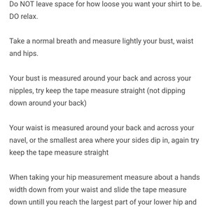 May include: A text-based guide on how to measure your bust, waist, and hips for clothing. The guide includes tips on how to take accurate measurements and how to use the measurements to find the right size.