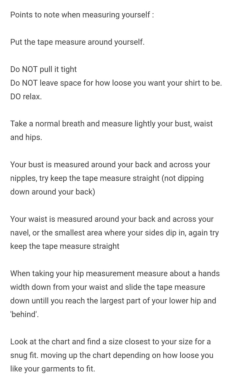 May include: A text-based guide on how to measure your bust, waist, and hips for clothing. The guide includes tips on how to take accurate measurements and how to use the measurements to find the right size.
