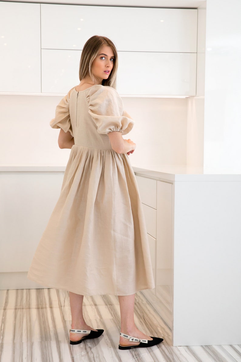Beige Linen Dress Puff Sleeve Dress Retro Dress Linen Etsy