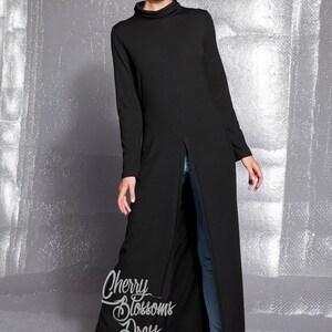 Black Soft Knit Open Front Long Tunic Maxi Dress with Long Sleeve and High Neck, Comfortable Winter Tunic Dress, Avant Garde Cover Up Dress image 5