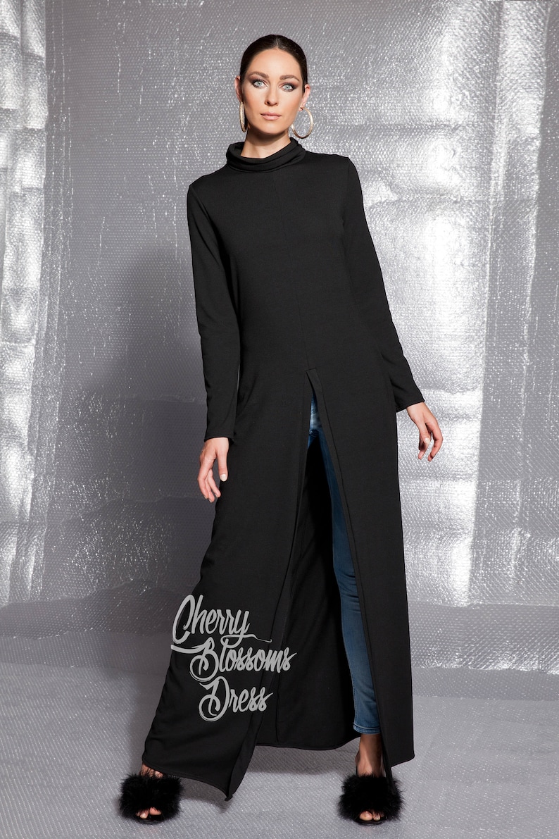 Black Soft Knit Open Front Long Tunic Maxi Dress with Long Sleeve and High Neck, Comfortable Winter Tunic Dress, Avant Garde Cover Up Dress image 5