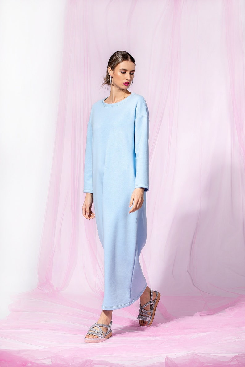 Sky Blue Maxi Dress, Minimalist Dress, Cotton Dress With Long Sleeves, Casual Dress, Loose Fit Dress, Minimalist Clothing, Simple Dress zdjęcie 1