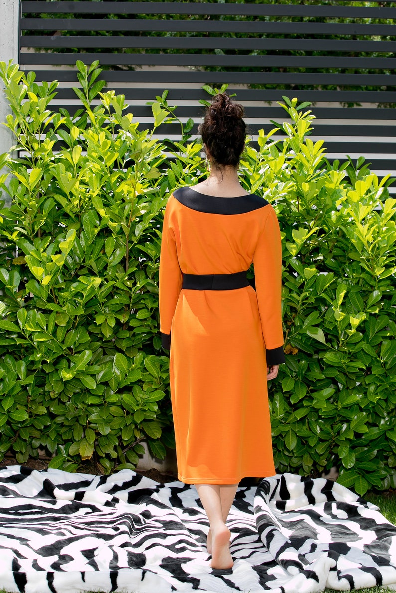 Oversized Dress Neoprene Dress Black Belt Dress Orange Dress Kimono Dress Plus Size Dress Japanese Clothing Midi Dress For Women