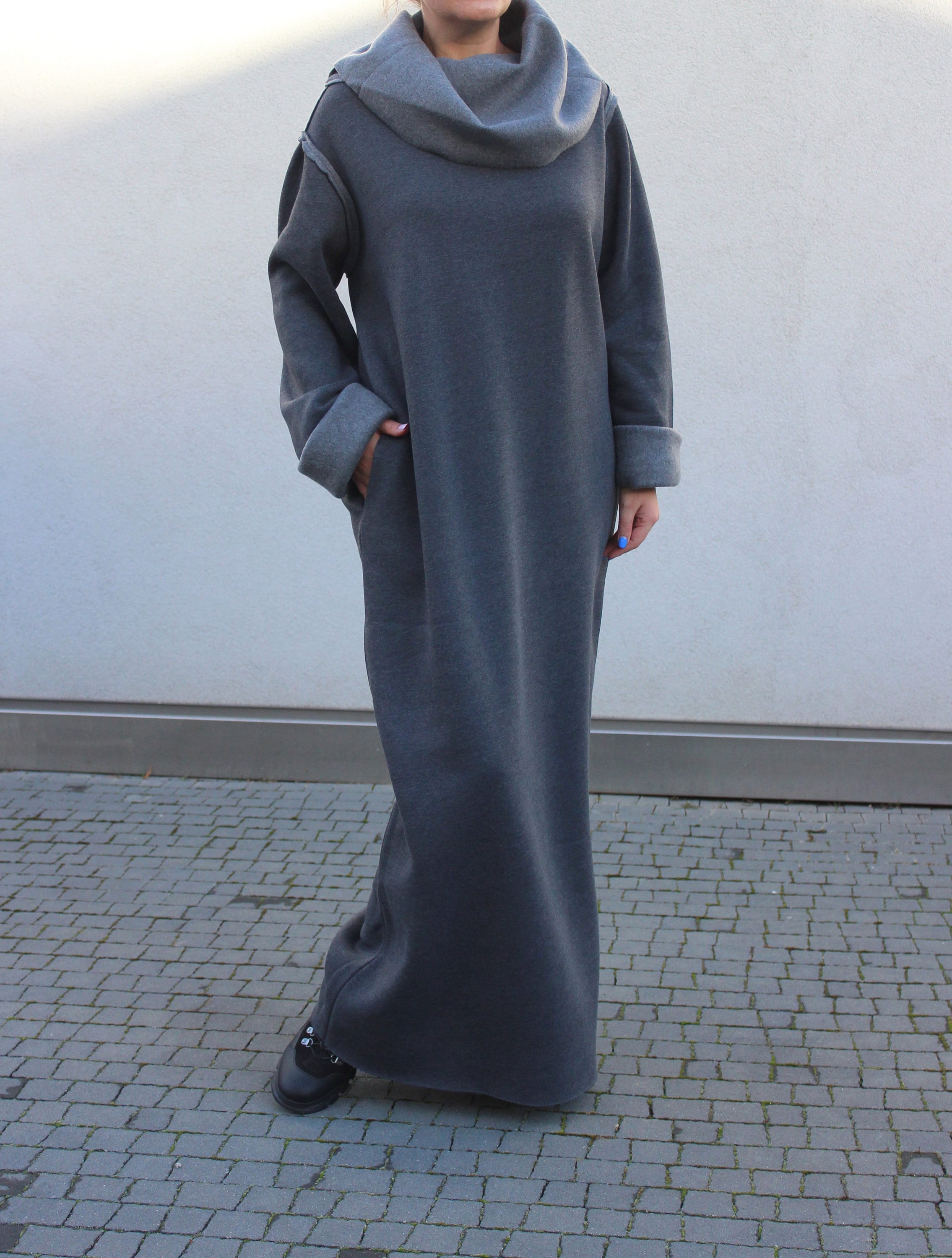 Grey Kaftan Dress Women Turtleneck Dress Winter Dress Long Sleeve Dress Plus Size Clothing Gothic Dress Pocket Dress Loose Maxi Dress Etsy