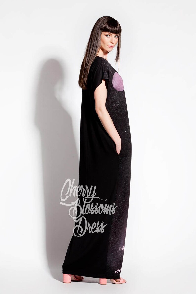 Black Kaftan Dress Robe Dress Black Caftan Pocket Dress Loose Maxi Dress Black Maxi Dress Plus size Dress Hand Painted Caftan Dress