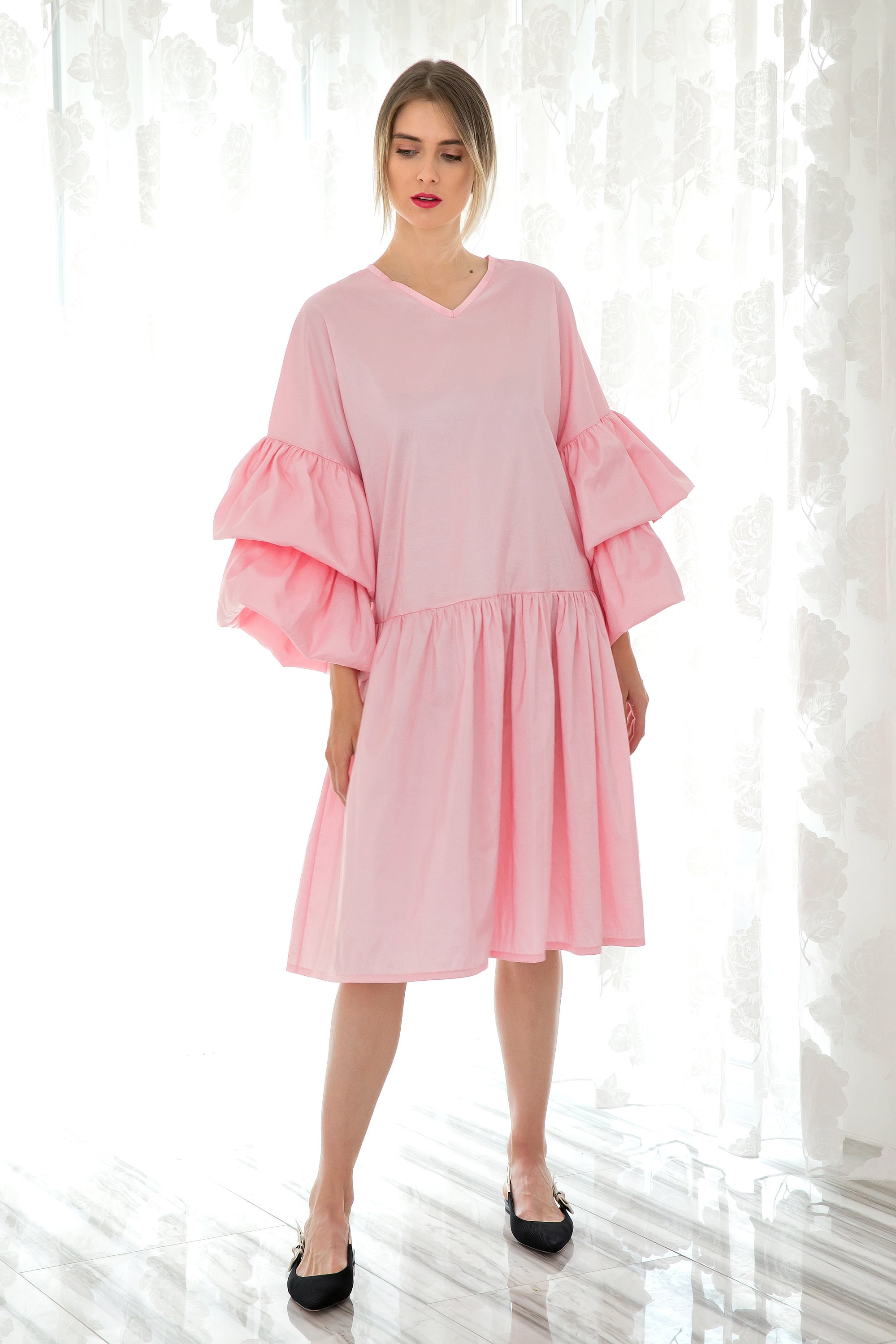 Pattern For Ruffle Loose Dress Pink Ruffle Dress in Taffeta, Maxi Dress for Parties and Weddings ...