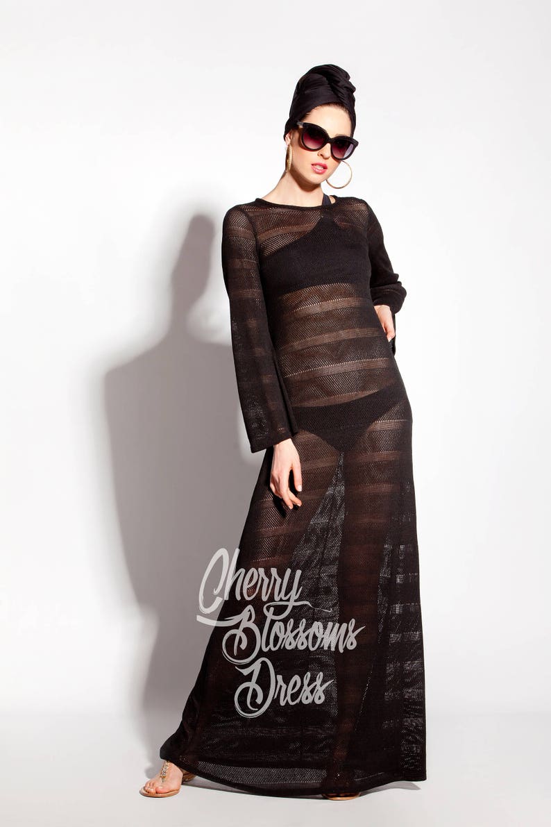 Beach Cover Up Mesh Dress Black Beach Dress Long Sleeve Etsy