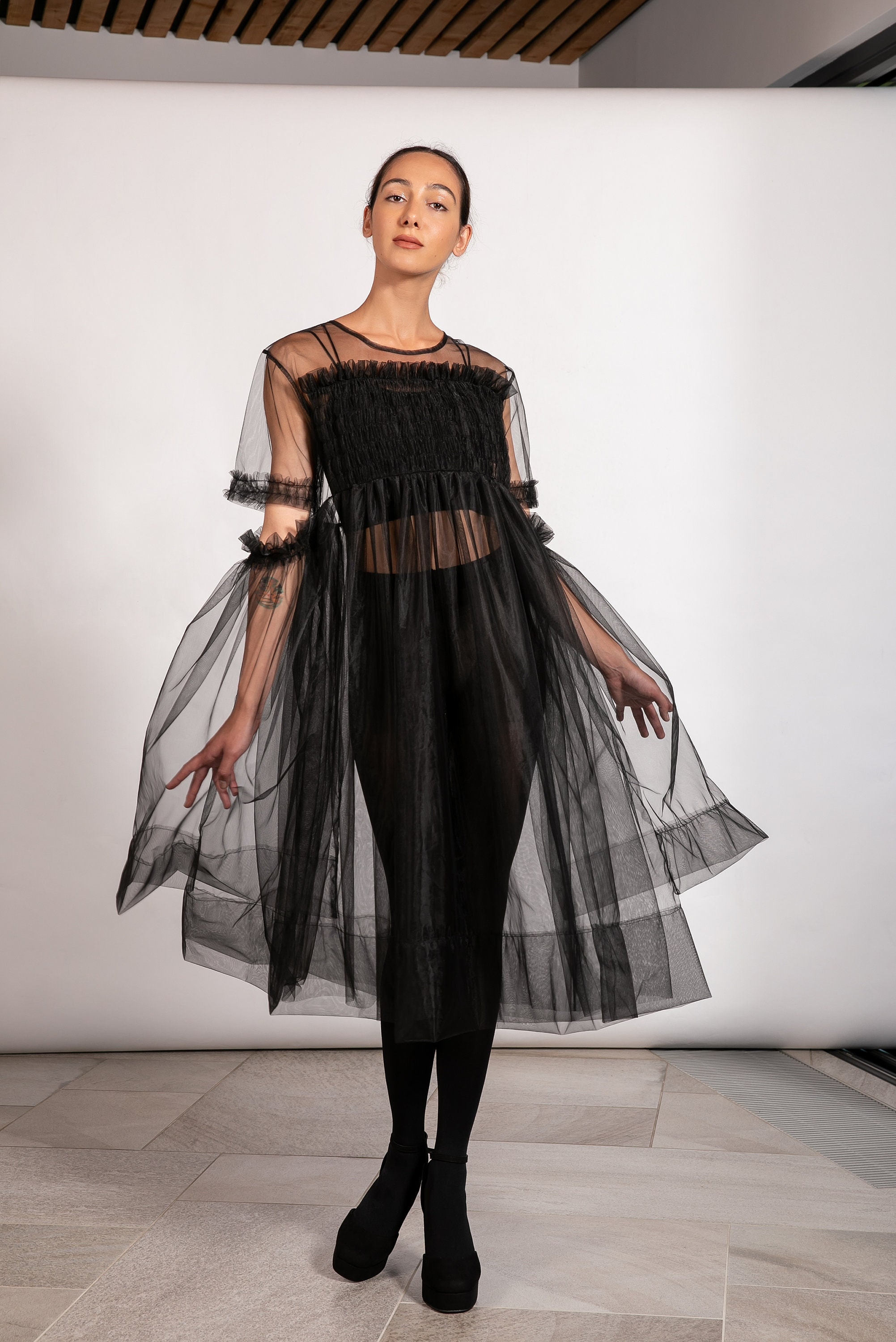 Black Tulle Dress, Sheer Party Dress, Tulle Cocktail Dress, Villanelle Dress,  See Through Black Dress, Avant Garde Clothing 