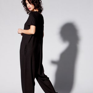 Women Jumpsuit with Pockets, Plus Size Harem Jumpsuit, Minimalist Overall, Black Jumpsuit with Loose Fit, Short Sleeve Jumpsuit image 8