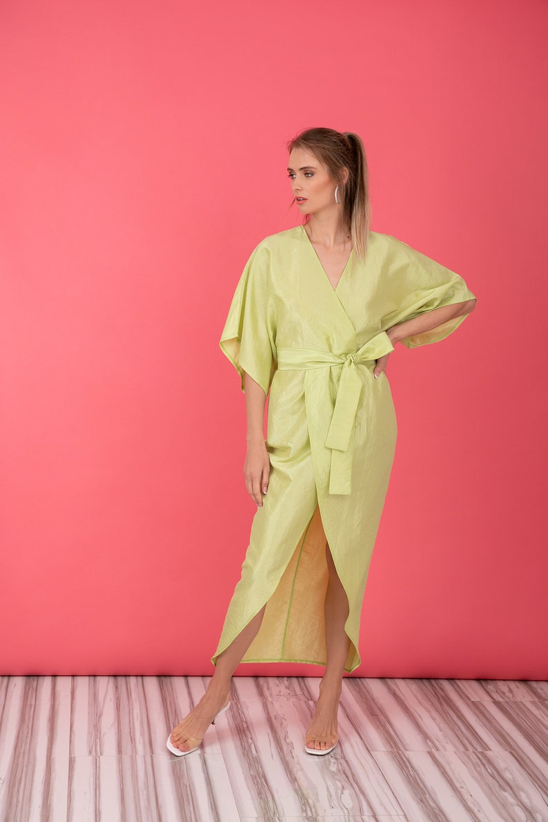 Pastel Green Taffeta Dress, Kimono Dress With Wide Sleeves, Wrap Midi Dress, Tulip Dress With Belt image 7