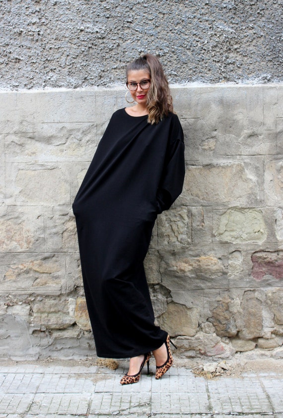 Zwarte maxi jurk Kaftan jurk losse jurk winter jurk |