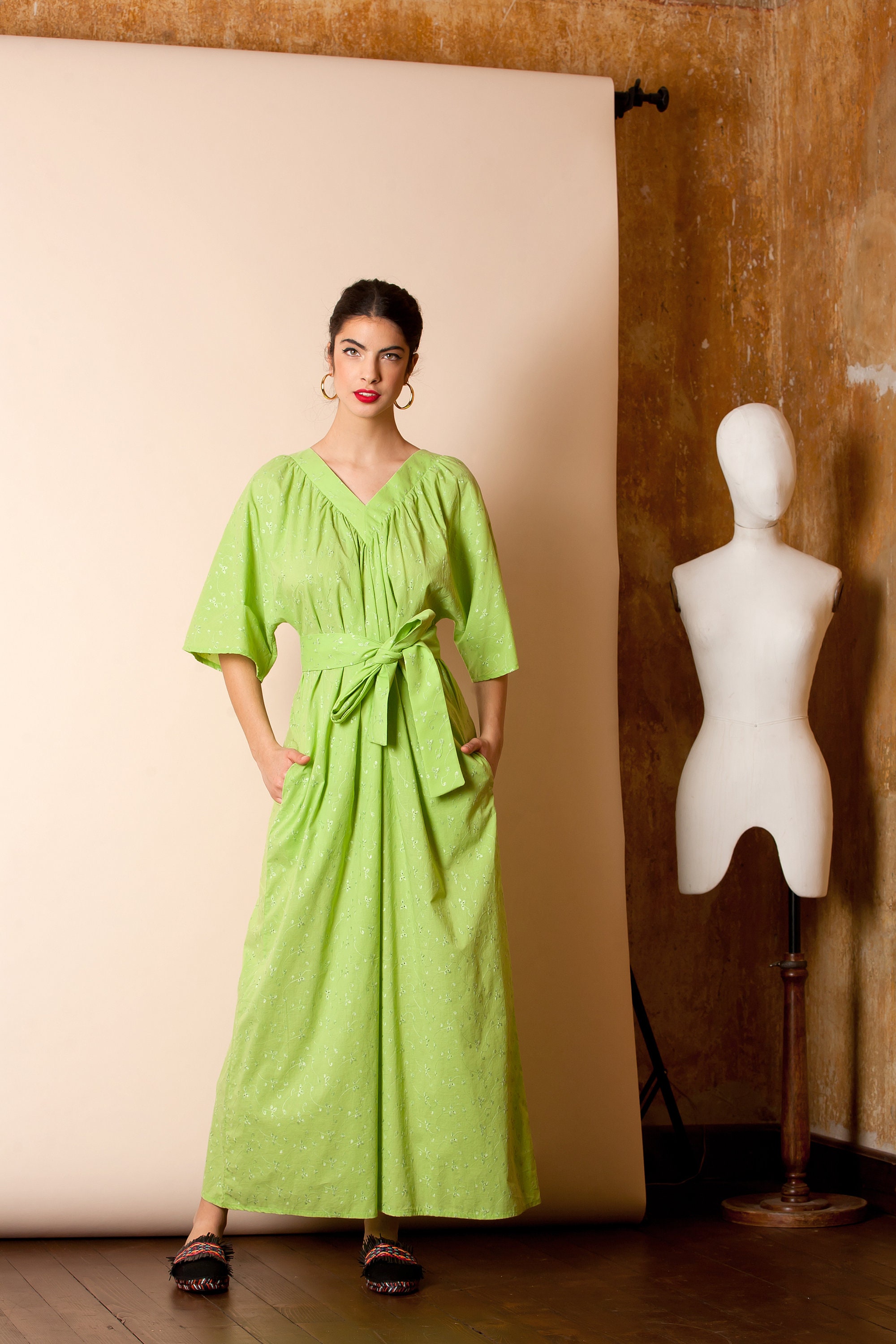 green peppercorn buttermilk dressing JANNIKE Maxi Kimono Dress in Muted Pistachio Green Paisley – Suki's Wardrobe main image 1