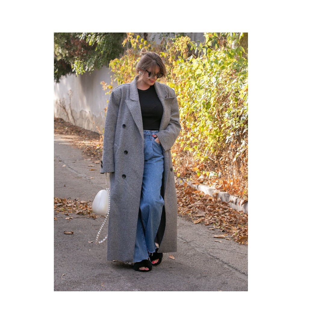 ジャケット・アウター Oversized maxi-length doublebreastedcoat Fazortev Women's Long Double Breasted Denim Jacket Oversized