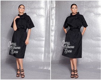 Black Cocktail Dress, Evening Dress, Formal Dress, Elegant Dress, Black Midi Dress, Belt Dress, Pocket Dress, Loose Dress, Plus Size Dress