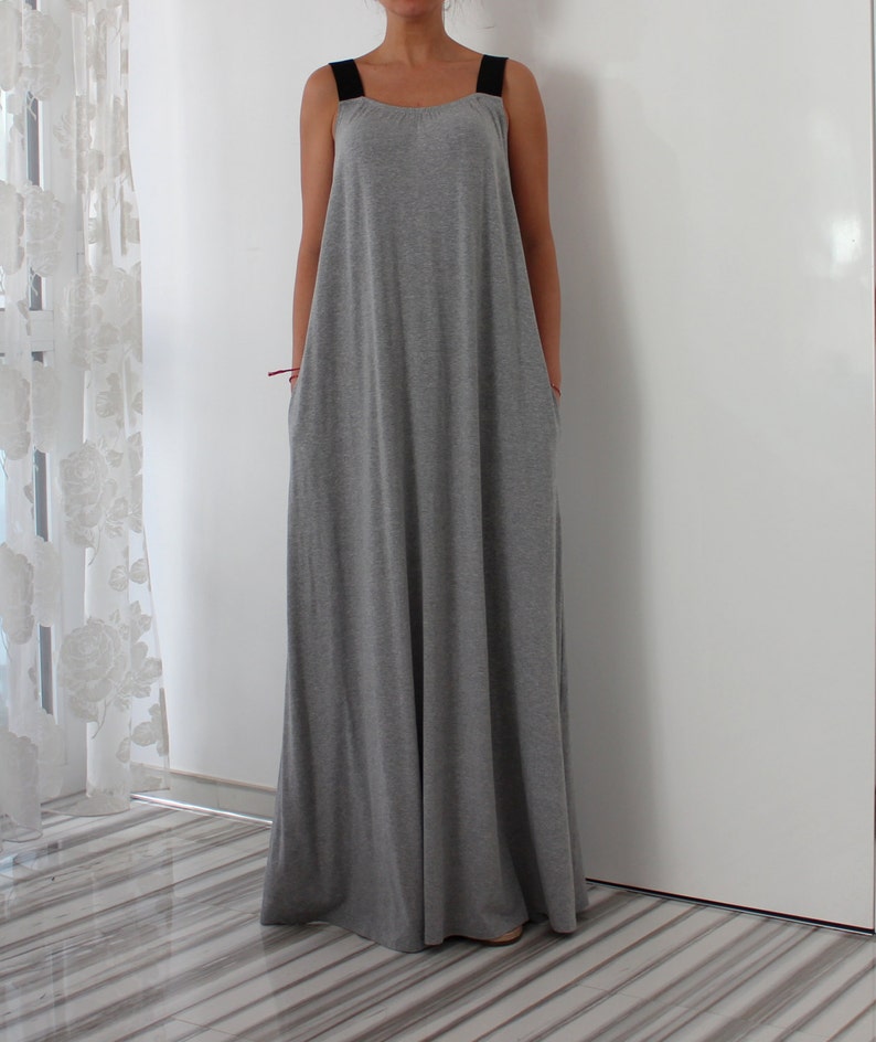 Summer Dress, Wide Strap Maxi Dress in Gray, Summer Maxi Dress, Day Dress For Summer, Open Back Dress, Plus Size Maxi Dress image 4