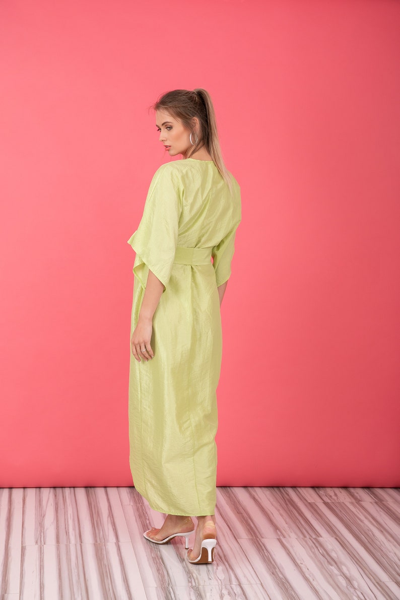 Pastel Green Taffeta Dress, Kimono Dress With Wide Sleeves, Wrap Midi Dress, Tulip Dress With Belt image 6