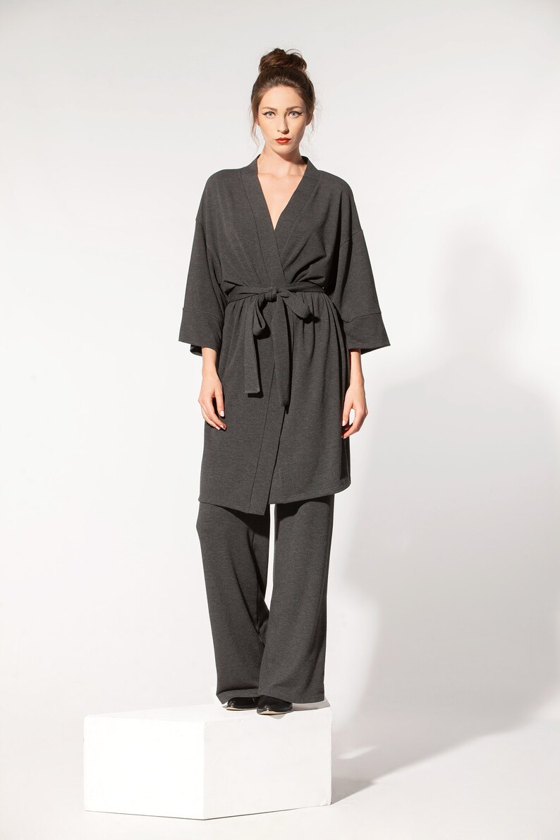 Handmade Viscose Knit Set of Wide Leg Pants and Kimono Robe, Loungewear Two Piece Set, Unisex Clothing image 4