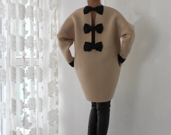 Techwear Women Short Dress with Long Sleeves, Beige Avant Garde Dress, Party Dress, Long Sleeve Dress