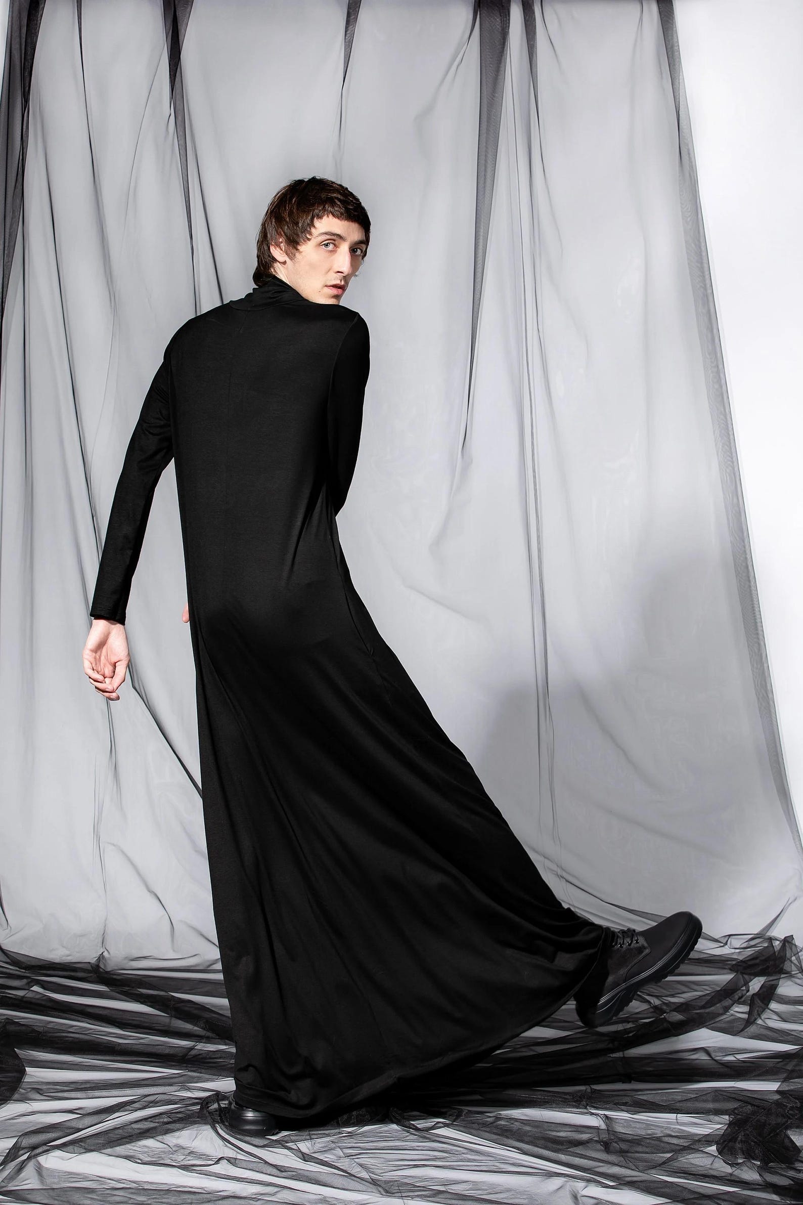 Kaftan Men Robe in Black, Gothic Clothes, Shirt Dress, Lounge and ...