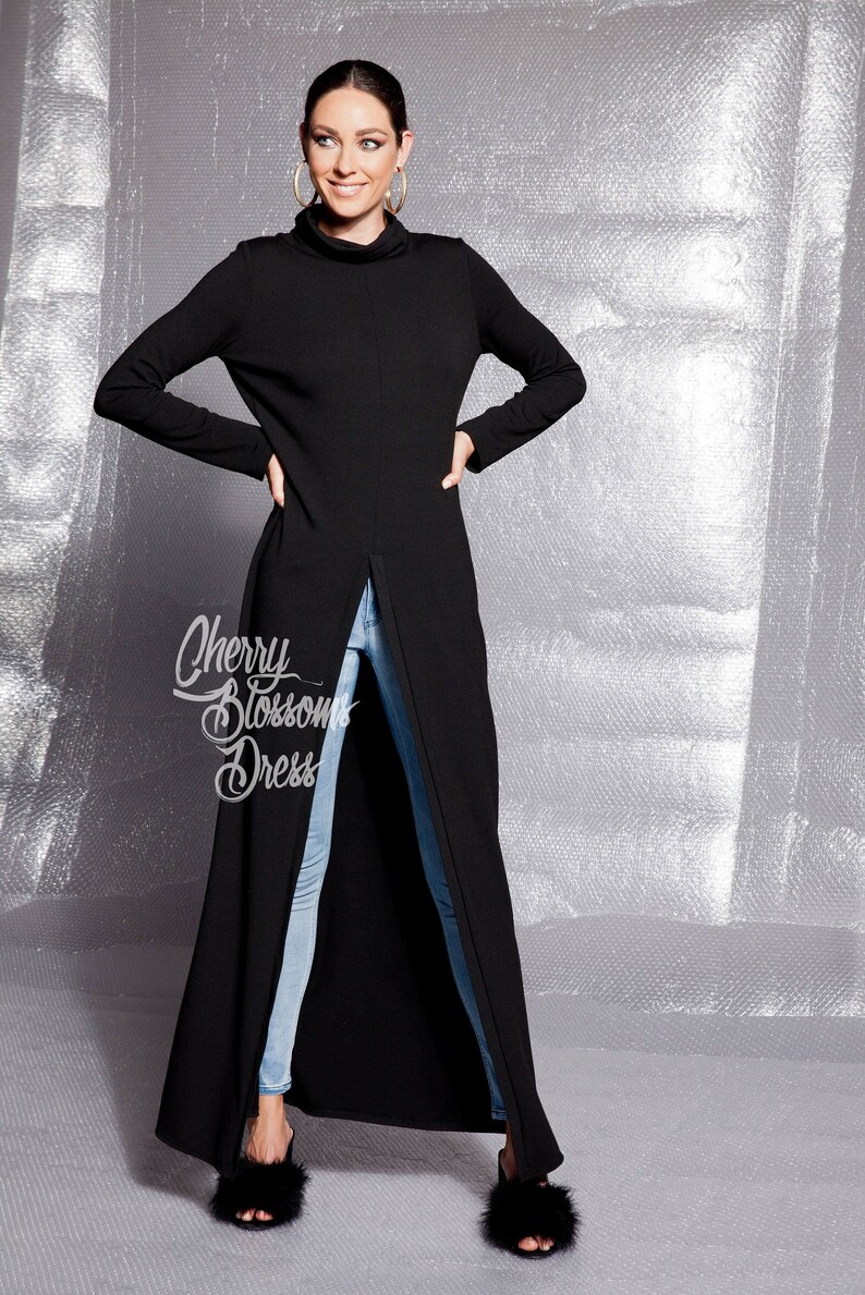 Black Soft Knit Open Front Long Tunic Maxi Dress with Long Sleeve and High Neck, Comfortable Winter Tunic Dress, Avant Garde Cover Up Dress image 2