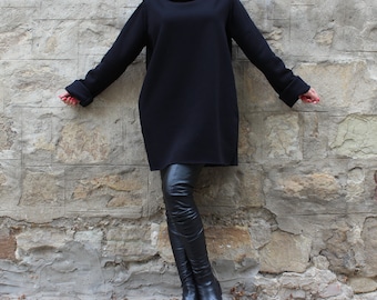 Black Turtleneck Dress, Long Sleeve Dress, Plus Size Handmade Tunic Dress, Gothic Tunic Dress, Cowl Neck Pocket Dress