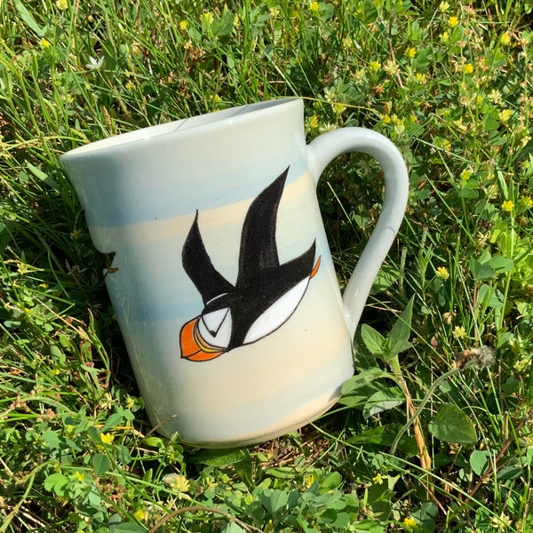 Puffin mug, flying puffins in the blue sky, handmade mug,#5-1