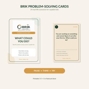 Può includere: Set di carte per la risoluzione dei problemi Brik con 24 scenari di vita reale. Il mazzo include una carta titolo con il testo 'What could you do?' e una carta esempio con il testo 'You are working on something and cannot figure it out'. Carte da 8,89 x 12,7 cm.