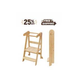 May include: A light-colored wooden learning tower with a platform and a step, shown in both an open, upright position and a folded, vertical position. The structure features a horizontal top bar and side supports made of smooth, natural wood.