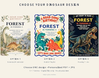 Gepersonaliseerde dinosaurus verjaardagskaart, kies uit 3 ontwerpen (PDF + JPG)