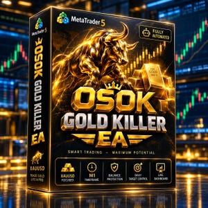 Puede incluir: Una caja de producto rectangular para el software MetaTrader 5 titulada OSOK GOLD KILLER EA. La caja negra presenta un toro dorado, lingotes de oro y texto que incluye SMART TRADING, MAXIMUM POTENTIAL, XAUUSD FOCUSED, M1 TIMEFRAME, BALANCE PROTECTION, DAILY TARGET CONTROL y LIVE DASHBOARD.