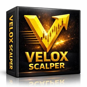Puede incluir: Una caja rectangular negra con letras doradas que dicen VELOX SCALPER. El frente presenta un gran gráfico dorado en forma de V con una flecha hacia arriba y una serie de barras de gráfico de velas sobre un fondo oscuro y estrellado.