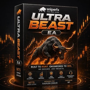 Puede incluir: Una caja de producto rectangular negra para el software Sniperfx Ultra Beast EA. El frente presenta una ilustración de toro geométrico, texto naranja que dice "ULTRA BEAST EA" y "BUILT TO HUNT. ENGINEERED TO WIN." Se muestran iconos de rendimiento.