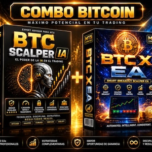 Puede incluir: Dos cajas de software rectangulares negras etiquetadas como COMBO BITCOIN. La caja izquierda muestra BTC SCALPER IA con un gráfico de cabeza robótica. La caja derecha muestra BTC X EA con un símbolo de Bitcoin brillante y una pantalla de laptop.