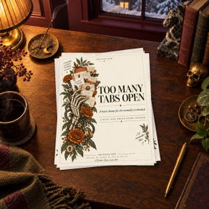 May include: A white paper document titled Too Many Tabs Open, A brain dump for the mentally overloaded, A real-life brain dump system. The design features a skeletal hand holding various notes, surrounded by orange flowers and green leaves.